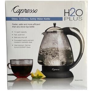 NEW Capresso H2O Plus Clear Glass Cordless Electric Tea Kettle 1.5L/48 Ounces